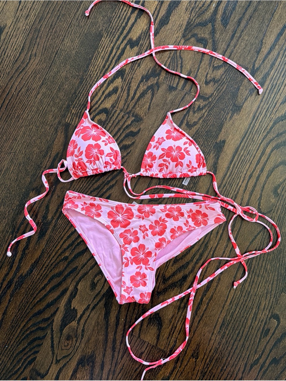 ARDENE PINK W/ CORAL FLOWERS WEAR 2-WAYS CONVERTIBLE TIE BIKINI SET PADDED - XS